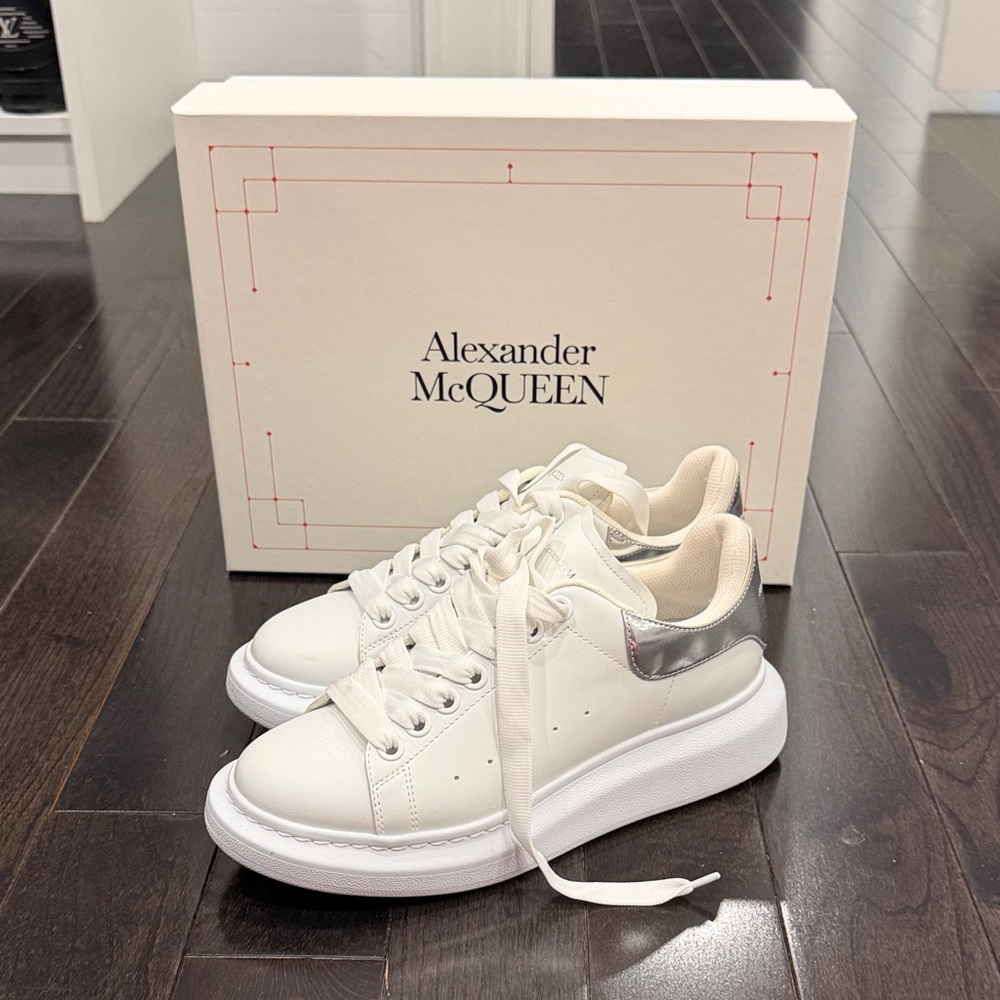 Alexander McQueen White Sneakers with Silver Heel Tab